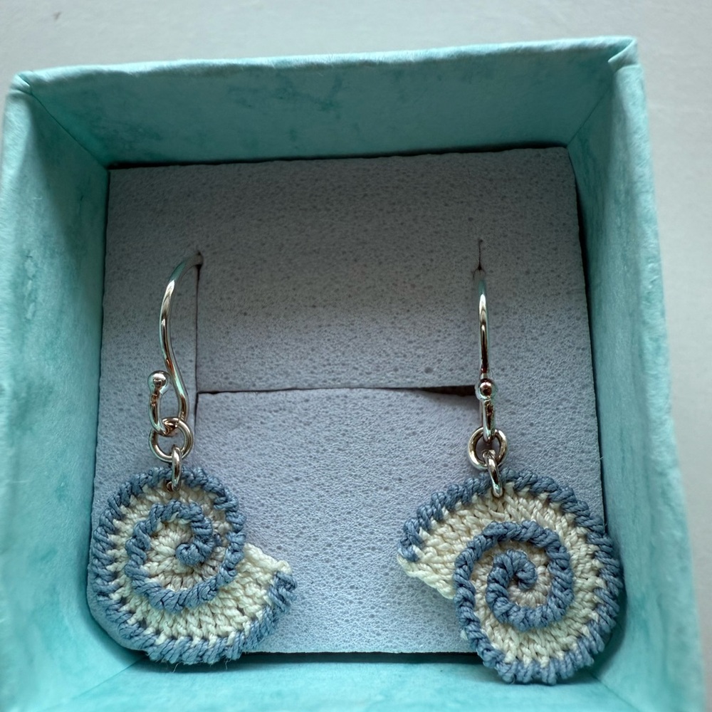 Sterling Silver Crochet Blue and Cream Seashell Dangle Earrings